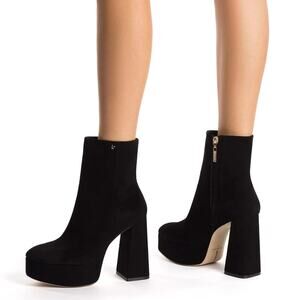 Larroude Dolly Ankle Boots Platform Block Heels Kid Suede Leather Black Size 9.5